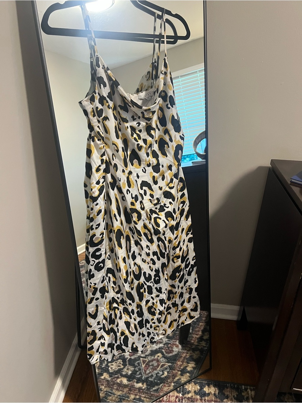 FAVLUX Satin Slip Midi Dress in White, Black & Gold Leopard